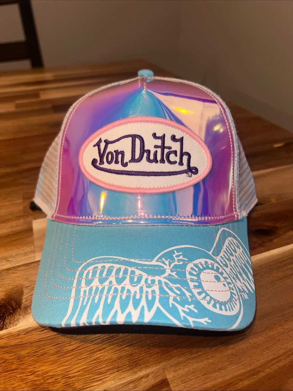 Von Dutch Holographic Pink-Blue Trucker Hat with Light Blue Bill